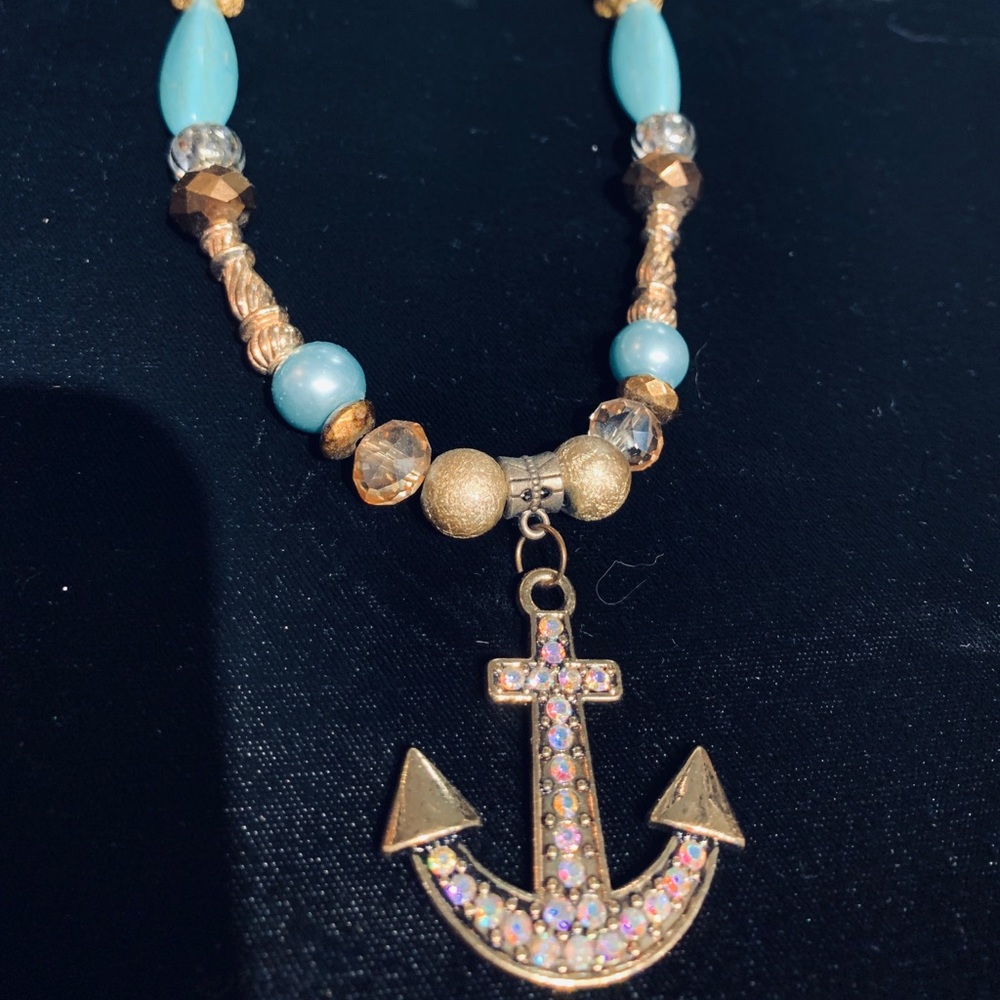 🦄 blue rockabilly ANCHOR necklace W/ CRYSTALS